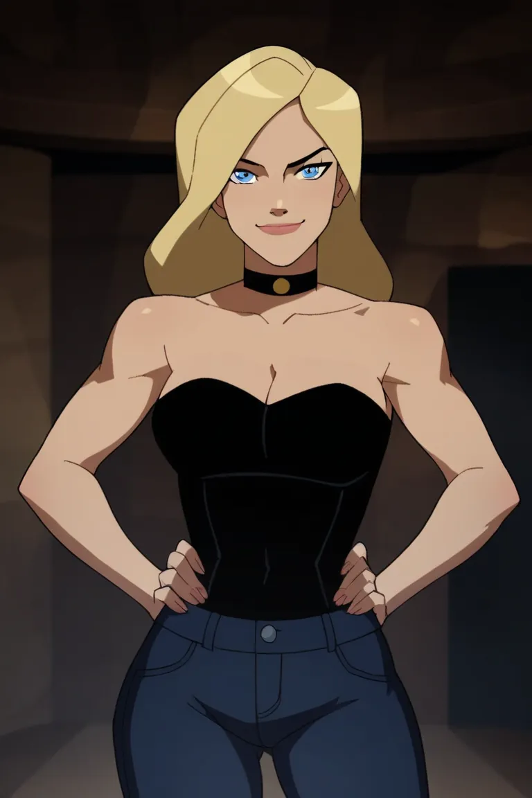 score_9, score_8_up, score_7_up, source_cartoon,black canary, blue eyes, blonde hair, long hair, large breasts, black jeans, black tube top, choker, cleavage,   BREAK standing, looking at viewer, smiling, closed mouth, confident expression,  indoors, solo,...