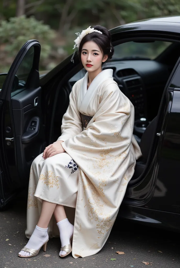  A photograph of an Asian woman in a traditional Japanese kimono with intricate floral patterns, sitting gracefully in the open door of a black car. She has fair skin, dark hair styled in an elegant updo, and wears white socks and sandals. The kimono's col...