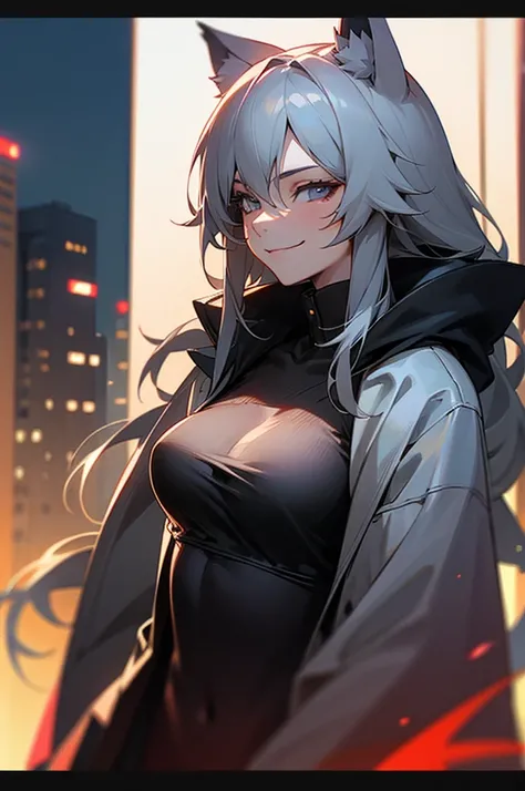 1girl, girl with wolf ears, upper body, grey hair, long hair, scar across eye, smirk, open coat, tube top, cinematic angle, night city, masterpiece, best quality