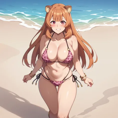 raphtalia,  bright orange hair, malicious red eyes, rounded animal ears,  Arrogant smile, blush,  clear and shiny skin, well-formed large breasts. Wear a pink leopard print bikini, rosado. bracelets accessories, Anklets. Metallic  .  is walking along a par...