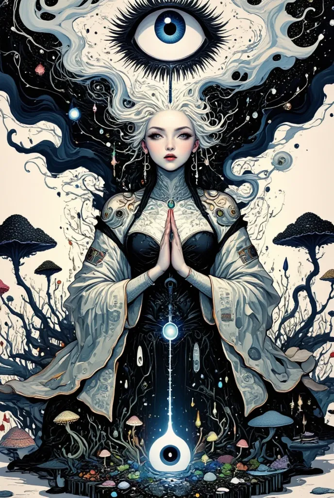 A hyper-realistic dark surrealism artwork of Kwan Im with a gothic and cyberpunk fusion aesthetic. She is adorned in flowing, tattered robes of black and silver, blending traditional Buddhist elegance with a futuristic dystopian twist. Her serene yet haunt...