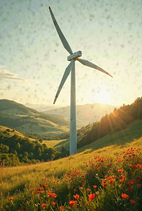 Big wind turbine in a beautiful meadow, bright sunshine