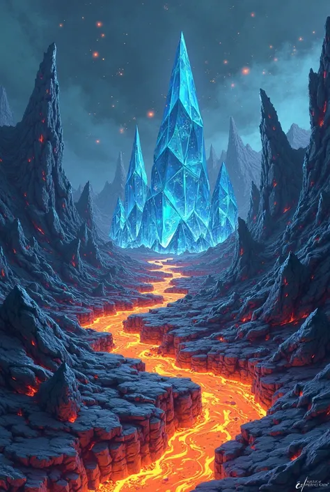 I mean, but in the same drawing style illustrated the first time, half reminiscent of lava and half blue diamond, but with lava coming out as in the second images. 