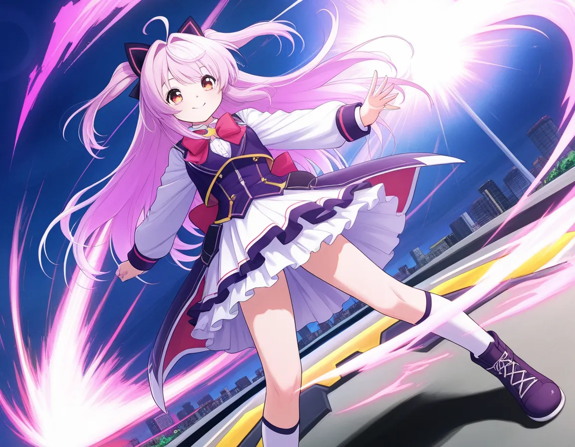 dynamic angle, 1girl, smile, (A Hero Landing:1.3), score_9, score_8_up, score_7_up, score_6_up, score_5_up, score_4_up, (hyper extreme detailed), (hyper quality), game CG, (colour:1.2)