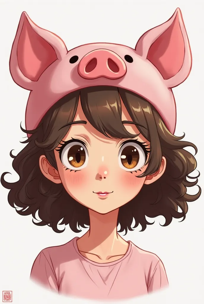  cartoon,  a young woman with short wavy brown hair. She's wearing a pink hat shaped like a pig's head.   Her skin is light , with some visible freckles.  Her lips are pink and her eyes are light brown.  She's not smiling in the photo.  It is not possible ...