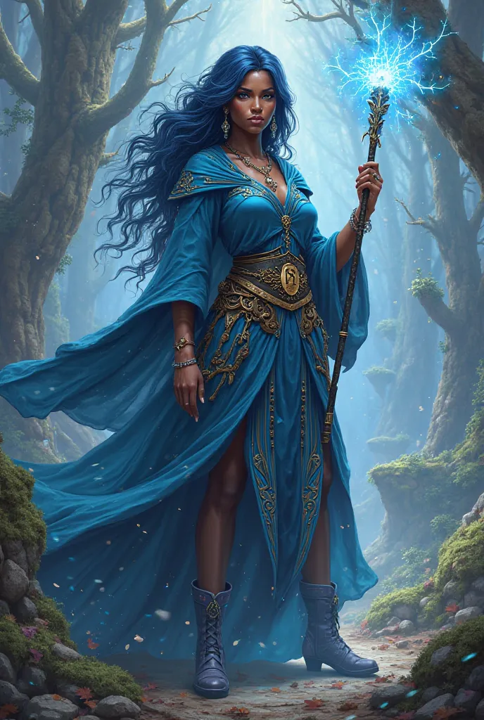 woman wizard, d&d aventureira, RPG character, magic wand, blue hair, dark skin