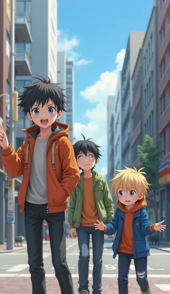 "A highly detailed 3D realistic animation of three young anime-style characters in a modern city street. The first character, Kaito, has black hair and blue eyes, wearing an orange jacket. He is pointing at something in the distance with an excited and sho...