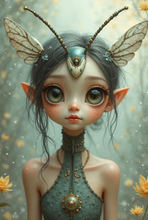 Cute girl giant bug eyes, insect eyes, insect girl, insect furry, impressionist, insect anti, anthropromorphic insect