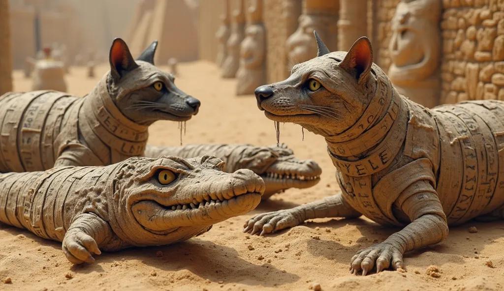 Generate an image of cats, crocodiles, and falcons mummified by the ancient Egyptians of that time, realistic image quality 