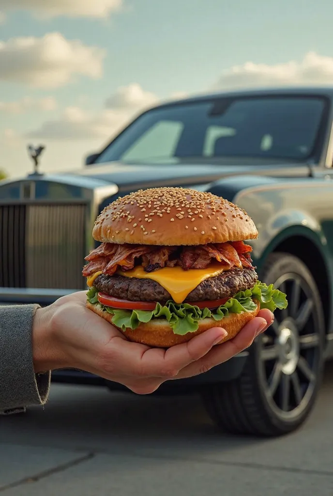 Create a photo with a Rolls Royce car in the background and a hand holding a very large and juicy hamburger in the front 