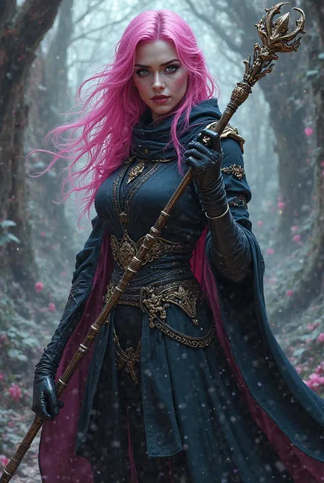 Mulher maga, D&D aventureira, rpg personagem, magic staff, pink hair, dark skin