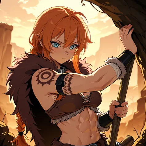 (masterpiece), best quality, newest, absurdres, highres, perfect anatomy, 1girl, artist: (PurpleStar108), Orange hair, hair tied in a medium braid, light blue eyes, barbarian outfit, Animal fur coat, Nordic tattoos on one arm, slightly muscular body {{{sol...