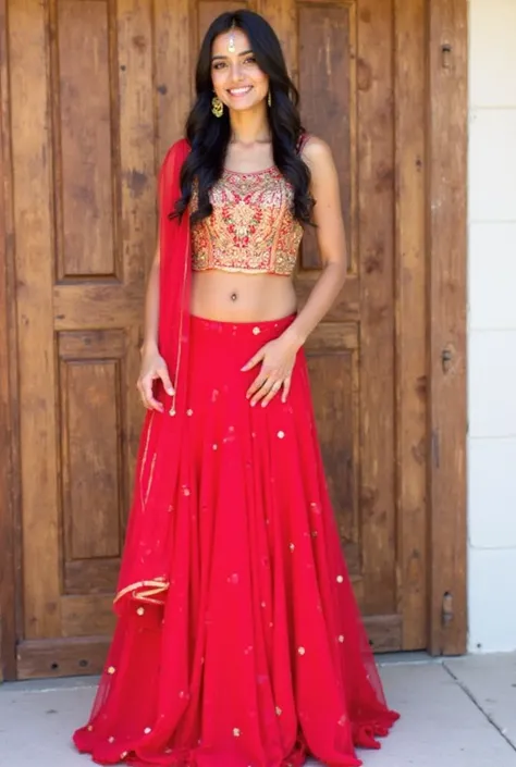 The image shows a young woman posing in a traditional Indian outfit. She is standing in front of a wooden wall with a white wall in the background. The woman is wearing a long, flowing red lehenga choli with a gold embroidered crop top and a matching dupat...