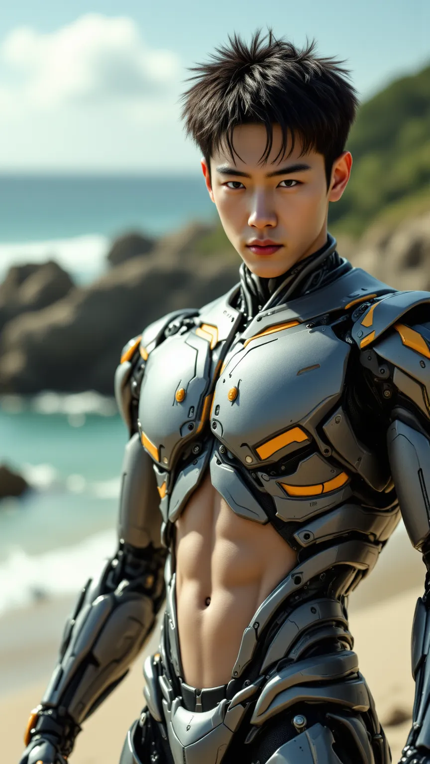 （2 185cm Korean handsome male star high school student bionic robots fight with a giant dragon），(Chest Full )，（STEREO ABDOMINAL MUSCLE），（ delicate cute face ），（Fragmented cap hairstyle）， inverted triangle body ，Five-Toe ， five fingers，Crotch Full of Detail...