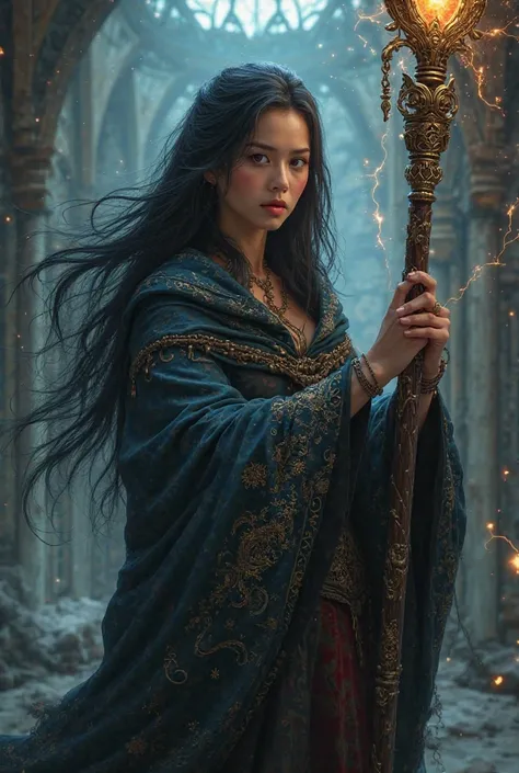 woman wizard, d&d aventureira, RPG character, magic staff, dark hair, oriental features 