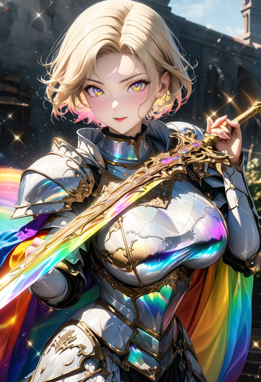 (((Holding a rainbow-colored sword with transparent and translucent shine in her right hand))), ((Beautiful and cute European woman, knight, Western-style heavy plate armor, blonde, short hair, big breasts, delicate and dynamic, cool, Ryugujo, seamless ima...