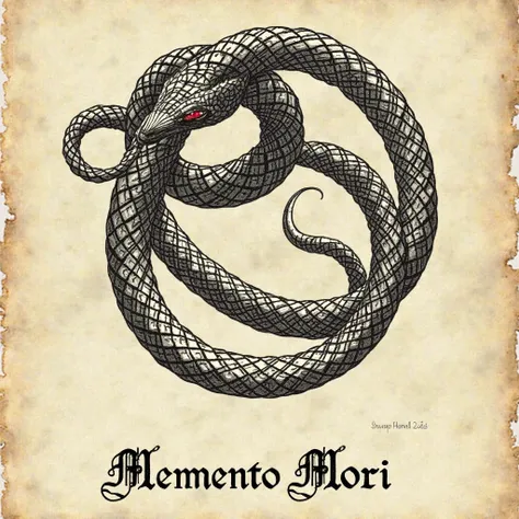 A detailed engraving of a coiled serpent biting its own tail (ouroboros), with the phrase 'Memento Mori' written in Latin beneath it. The background is parchment-like, giving it an ancient manuscript feel.