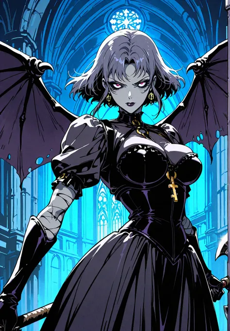 Chica gárgola, goth make-up, piel rocosa gris,  senos promedio, fighting en la cumbre de iglesia, holding an axe, skulls. Background: CATHEDRAL,  Dark atmosphere, violet light, man behind her