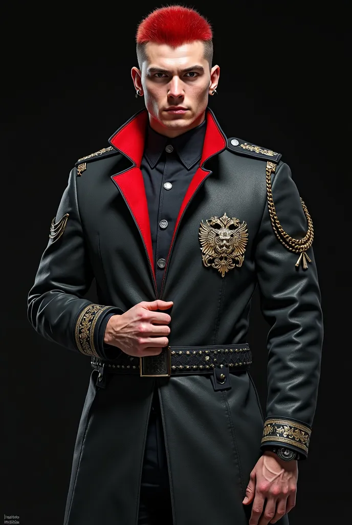 a realistic game character, male 20 years, Russian face, shaved beard, French crop hair red color, inverted jaw type, arched eyebrows, wearing a red police uniform with fantasy designs on chest, a black working boots, a long reefer black jacket with inner ...