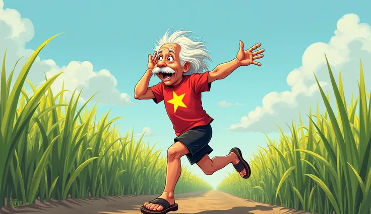 Create Einstein as seen from the right, surprised, 2 hands holding the head, wear a t-shirt with the flag of vietnam, wearing black shorts, wear sandals, running in the rice field, clear sky