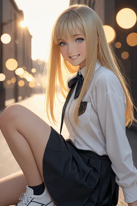 1girl, little "5-years-old", long straight blond hair, big and expressive light blue eyes, smiling, cute and innocent face, slender and age-appropriate body, loose white shirt that fits comfortably; knee-length school black skirt that is modest and casual;...