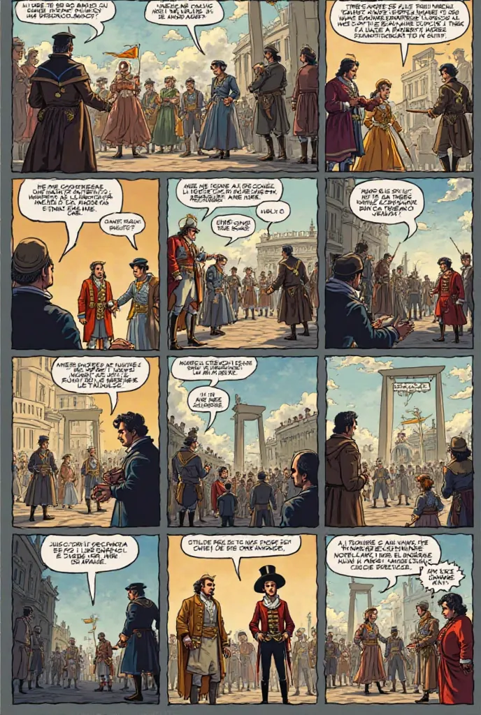 Tell me the most important moments of the French Revolution with 10 cartoons and dialogues in Spanish