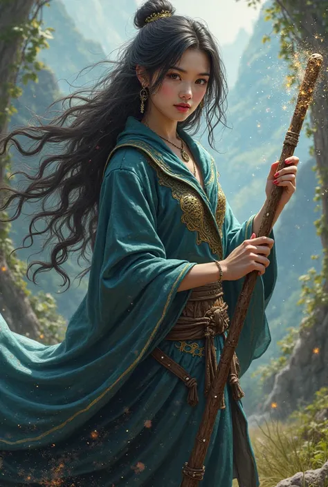 woman wizard, d&d aventureira, RPG character, medieval clothes, magic wand, dark hair, oriental features 