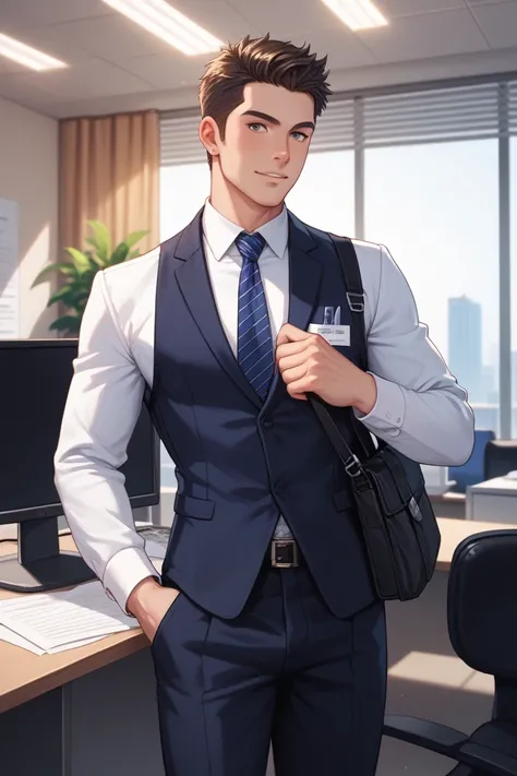 A cool male office worker who can do the job。
everyone likes it and it's always in the center of the circle。
Draw in the style of an anime illustration。