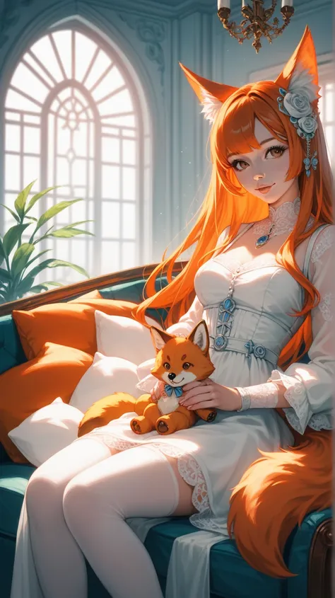  Hot anime fox girl with long orange hair. And brown eyes and wearing a  white dress and is sitting on a couch... 