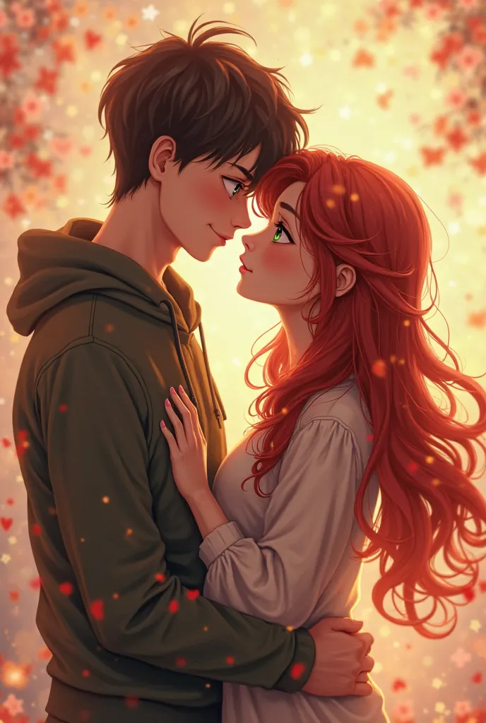 Young couple in love
Equally tall
Boy with dark brown hair and green eyes 
Girl with dark red hair and brown eyes 
The Two Tall Ones
Same height 
Altos
1.80 both 
Same height 