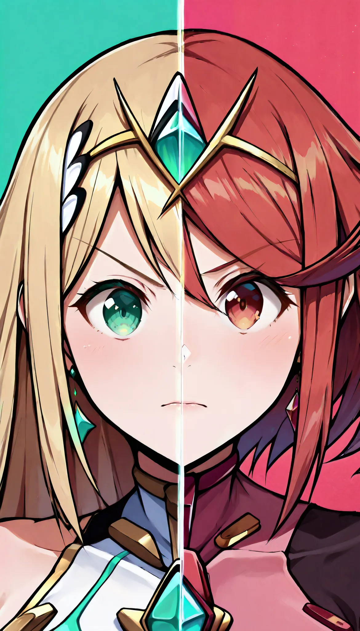 masterpiece, best quality, indoor, 1girl, SplitScreen, split screen, upper body, standing, three-quarters view, profile, Pyra, Mythra