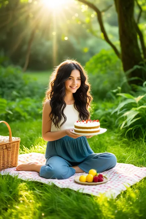 Dark-haired wavy girl holding a simple and cute birthday cake, She's having a picnic in nature