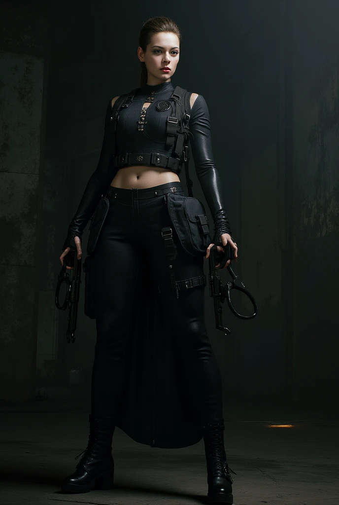 a gothic yung army girl with gun in the hand in the dark background, big tits, black pants with bag