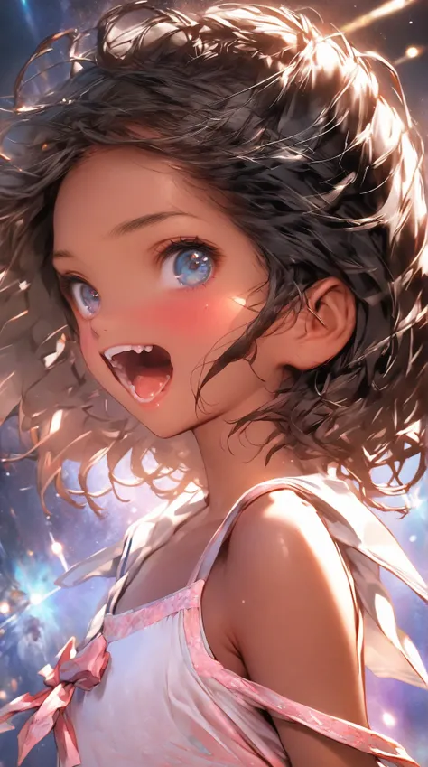 (((high quality)))(Ultra Real),((detail)),(Super high quality)),(young girl),（Alone）,(flat nose),(round face),(light blue eyes,round eyes),(Normal skin, Radiant Skin),(thin,thin ),(black hair、Mushhair,very short hair),clothes(white camisole,pink panties,Sc...