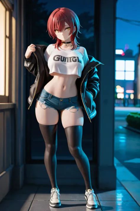 NSFW,masterpiece,Highest quality,High Resolution,very detailed, boyish girl,high school girl, red hair ,medium hair,wolf cut,stupid hair,with golden eyes,choker, jacket, crop top shirt ,denim shorts,knee-high socks,Sneakers, night entertainment district