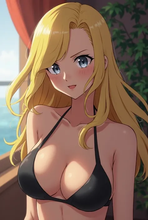 Pokémon anime Adult woman with blonde hair with a lock of hair covers her left eye,  gray eyes, Wear black micro bikini lingerie,  mesmerized 