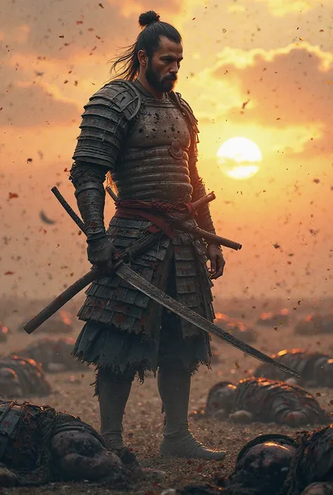 A samurai standing broken armor and broken sword on the battlefield with several fallen enemies defeated at sunset in the background