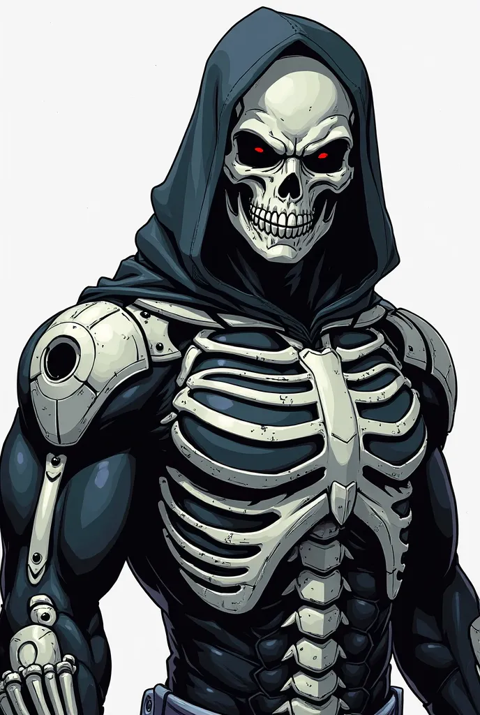 Character in a skull suit made of comfortable fabric, skeleton-textured gloves with holes in the knuckles, and a very futuristic skull mask But the mask looks like Deathstroke's mask. Drawn in the style of  Titans 