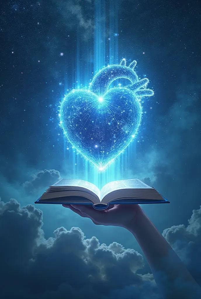 A big heart in sky blue, with at the center an open book from which rays of light come out to the entire universe 