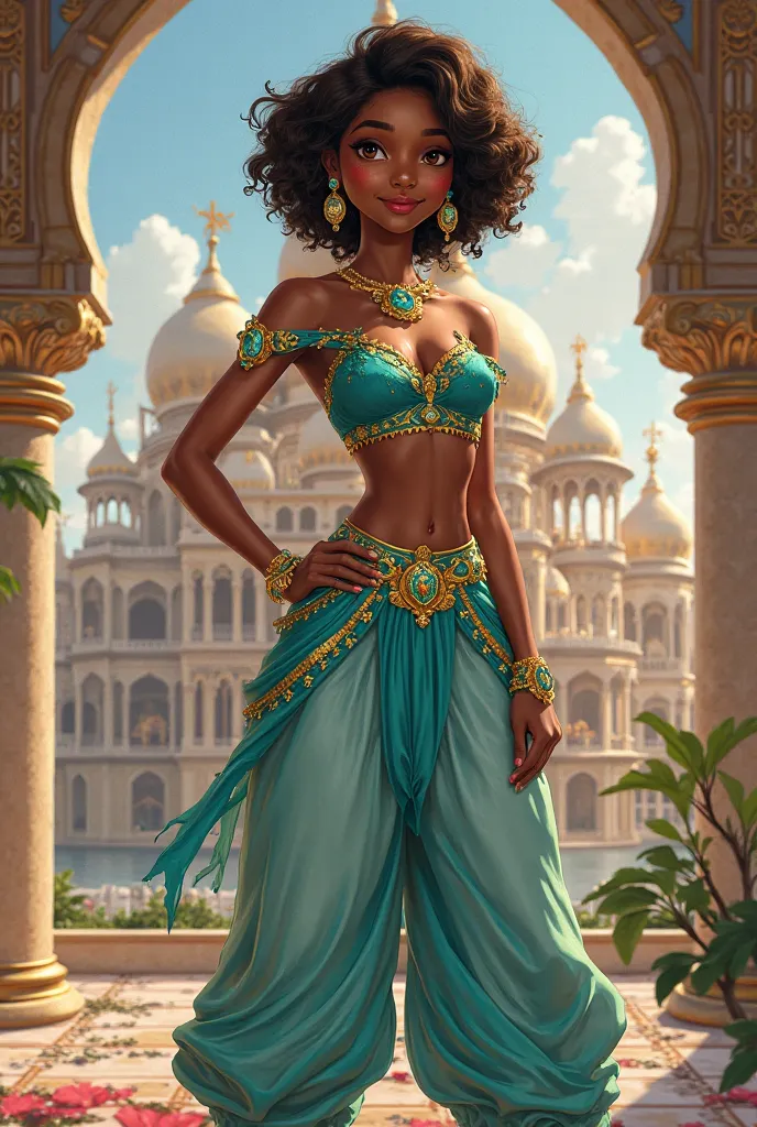 a   dark-skinned eyes slightly big Brazilian short hair Afro color brown, Dressed as Disney's Princess Jasmine, With Jasmine's castle background
