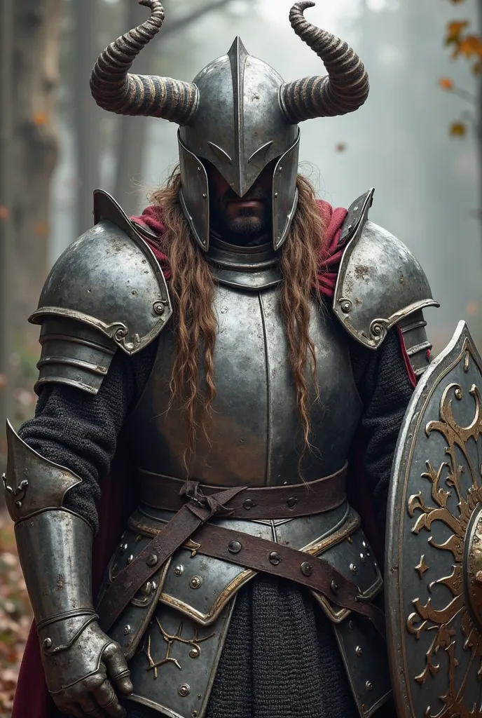 warrior with fantasy style steel armor, wearing a helmet with horns that hide his face with long locks of hair sticking out, cape attached to his left shoulder, carrying a large European type steel sword and shield