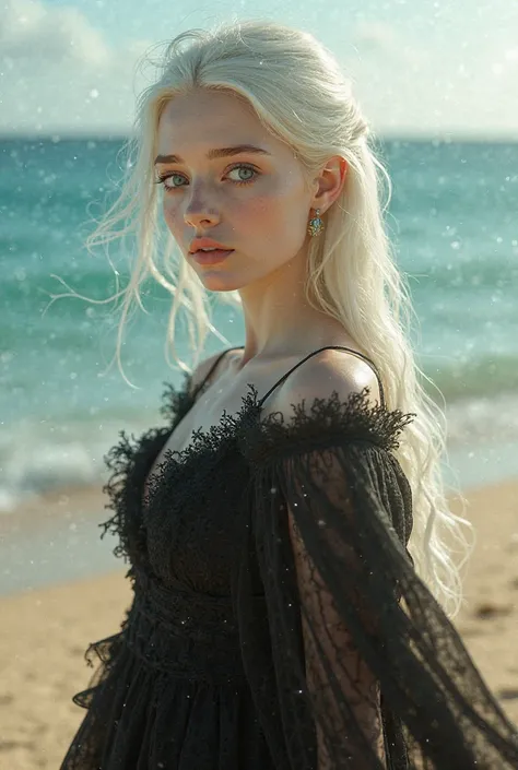 An image of a stunning, pale-skinned 18-year-old vampire girl standing on a beach in Tunisia, lost in thought. A captivating and mesmerizing image.

