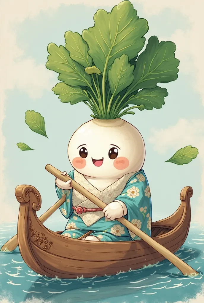 White radish with a green head and leaves　Ayu whose body is a fish 　prow　 rowing boat　Indigo dyed kimono　mascot character　illustrations　wooden bill of passage　Two-handed rowing