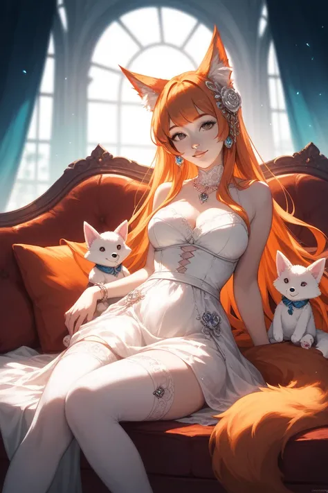  Hot anime fox girl with long orange hair. And brown eyes and wearing a  white dress and is sitting on a couch... 