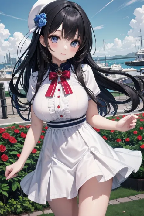 very cute and beautiful girl,(very elaborate and beautiful face and eyes:1.2),(smile),cowboy shot,
Navy blue ruffle dress,walk,dynamic pose,( detailed legs,miniskirt:0.9),
Dynamic Angle,  black hair,( Rose Garden ),naval port,Distant warship,detailed backg...