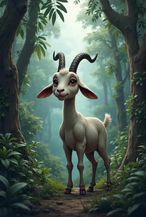 The Poor Goat in the Jungle

Prompt: "A poor, thin goat standing in a dense jungle. The trees are tall and the forest looks dark and wild. The goat has a sad expression, and the area around her has little grass, symbolizing her hunger and poverty. The sky ...