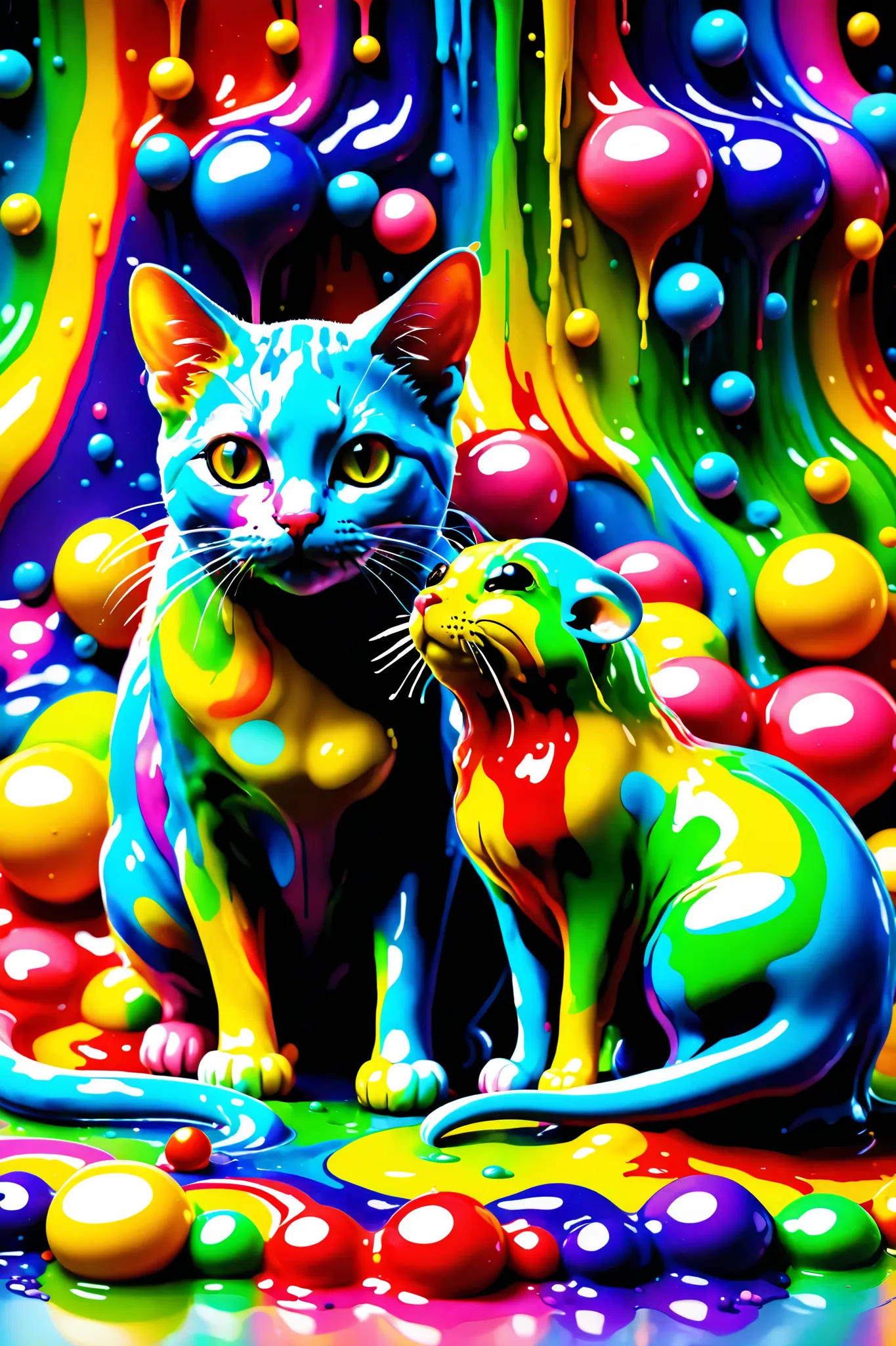 A cat and a mouse sitting side by side covered in rainbow slime. Ultra realistic, ultra detailed 