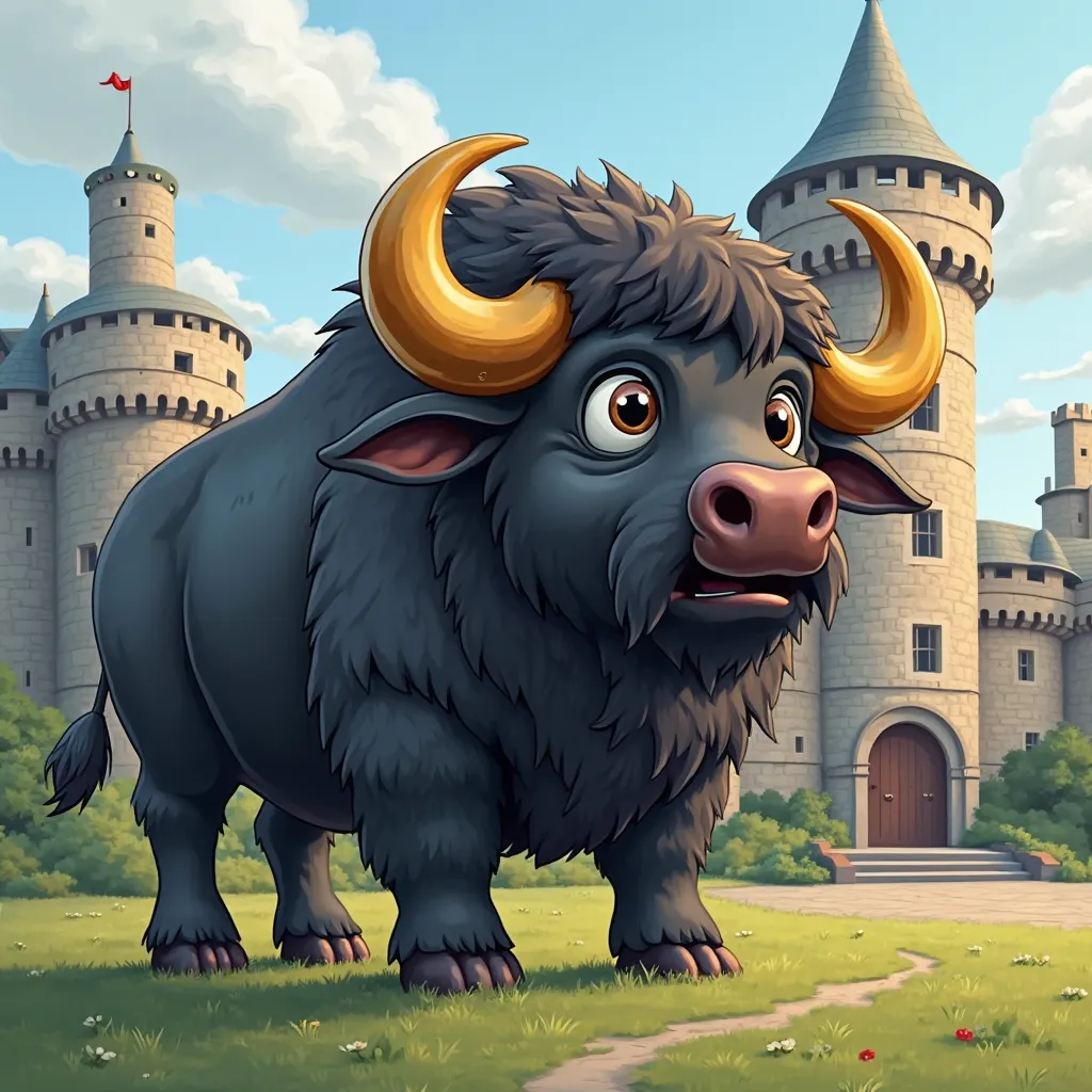 There is a huge cartoon black buffalo in front of Holm Castle with golden horns on its head.