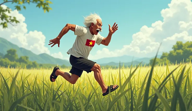 Create Einstein as seen from the right, surprised, 2 hands holding the head, wear a t-shirt with the flag of vietnam, wearing black shorts, wear sandals, running in the rice field, clear sky