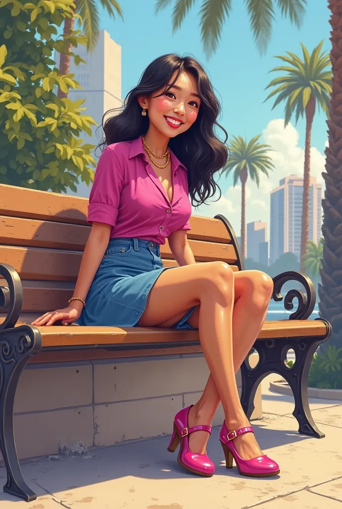 Tip: A very lovely  beautiful Asian American woman being happy alone on a bench in Downtown San Diego in the sun..The illustration is a high definition illustration with 4k resolution., with highly detailed facial features and cartoon style visuals, fuchsi...